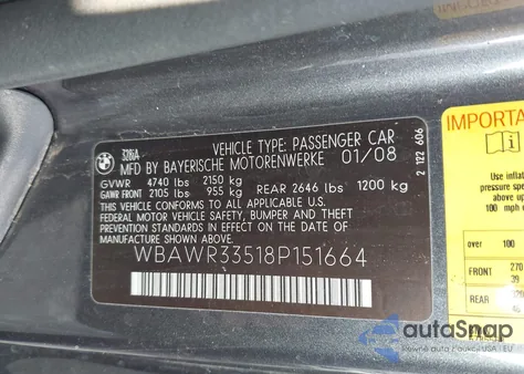 2008 BMW 328I from USA, damaged, VIN WBAWR33518P151664